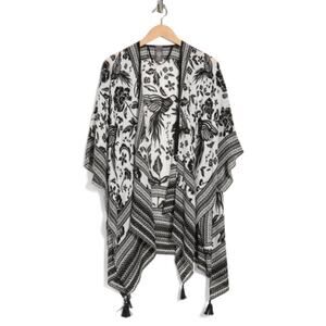 Vince Camuto Parrot Print Ruana Kimono Cardigan Sweater in Black White